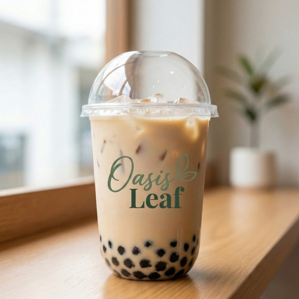 Брендовані стакани для бабл ті oasis leaf з натуральним логотипом, приклад друку на PET стаканах з купольною кришкою