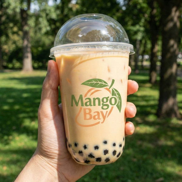 Брендовані стакани для бабл ті Mango Bay з натуральним логотипом, приклад друку на PET стаканах з купольною кришкою