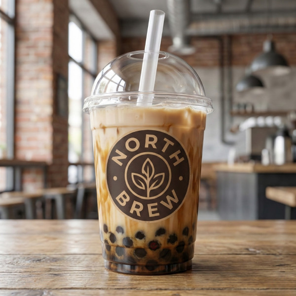 Купольний PET стакан North Brew з лаконічним круглим логотипом, натуральні коричневі відтінки друку