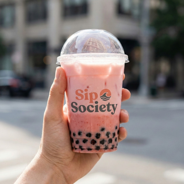 PET стакан для бабл ті Sip Society з сучасним логотипом, приклад друку до 3 кольорів