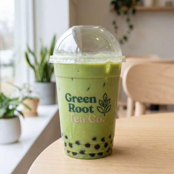 Брендований стакан для бабл ті Green Root Tea Co. з натуральними зеленими кольорами та рослинним логотипом